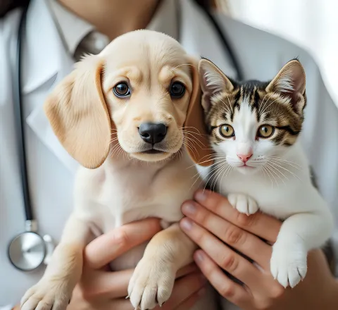 veterinarian with dog and cat